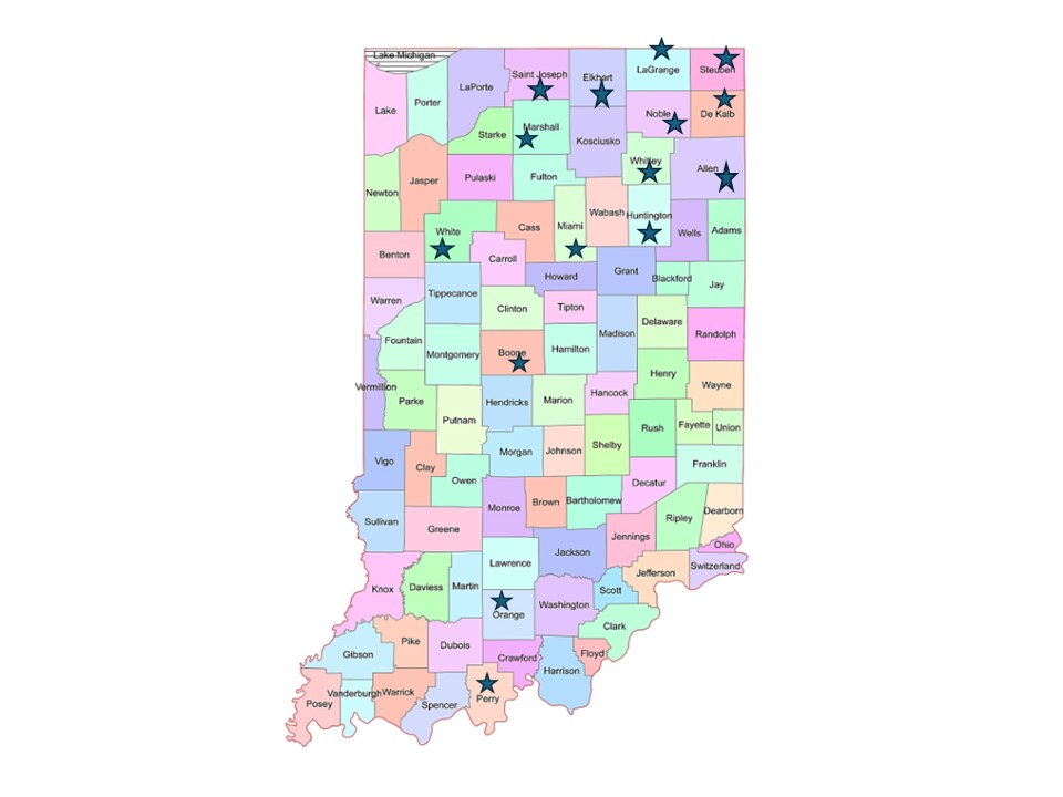 Map of teh state of Indiana showing counties with conservation easements on farmland